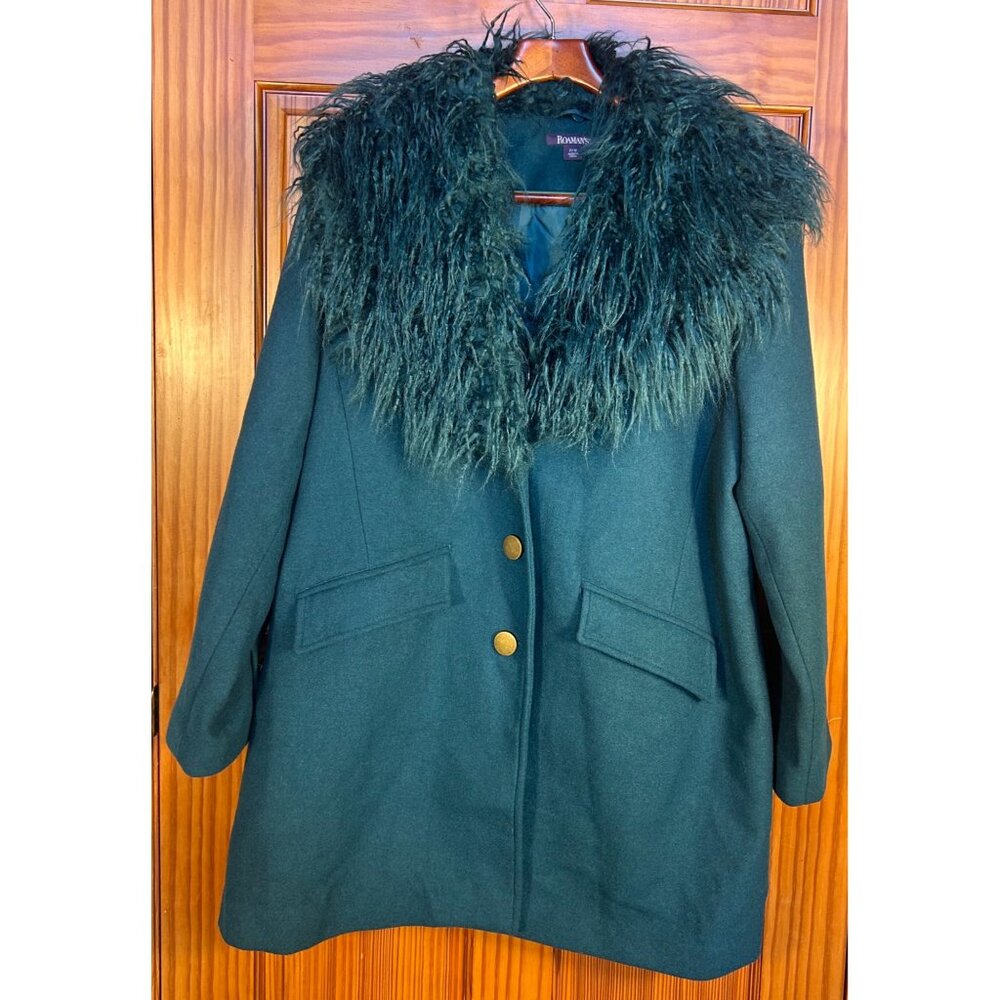 Roamans Womens 22W Green Coat With Faux Fur Collar & Button Closure Penny Lane